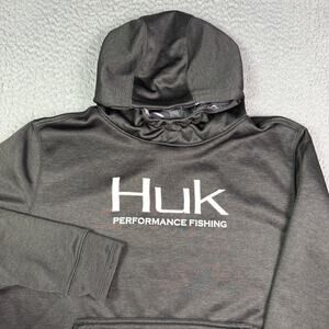 Huk Performance Fishing Hoodie Mens M Dark Gray Black Pullover Camo Hood Fleece